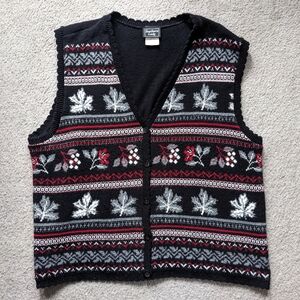 VTG Southern Lady Vest Women's 1X Black Red White Knit Holiday Winter Button Up